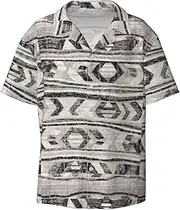 [VPPUR] Grey Tribal Print Fashion Short Sleeve Button Down Cuban Collar Shirt Left Chest Convenient Pocket