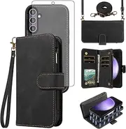 [Asuwish] Phone Case for Samsung Galaxy S23 FE 5G Zipper Wallet Detachable Magnetic Cover with Tempered Glass Screen Protector Crossbody Lanyard Strap Flip Card Holder Slot S 23 EF S23FE 23S Women Black