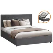 Oikiture Bed Frame Queen Double King Single Gas Lift Storage Base Grey Velvet