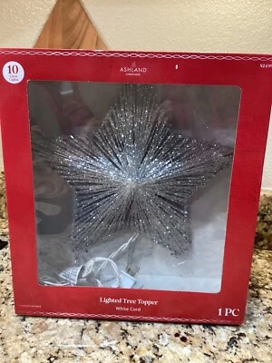 Christmas Tree Topper “ASHLAND” Lighted Silver Glitter Star W/10 Clear Lights