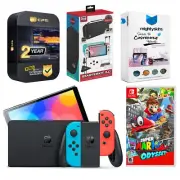Nintendo Switch Neon Red/Blue OLED + Super Mario Odyssey + Accessory Gamer Kit