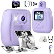Camera Instant Print - Instant Print Camera for Kids, Inkless Camera Instant Print Digital Video Cameras Kids Toys (Purple)
