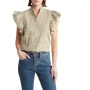 Nordstrom Industry Gingham Blouse Ruffles Short Sleeve Button Up Olive White XL