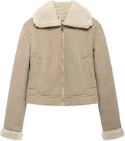 [Generic] Women Winter Zipper Fur Turn-Down Collar Jackets Vintage Casual Chic Loose Coats