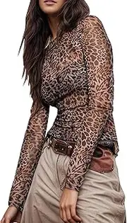 [BemorRun] Floral Mesh Top for Women Crew Neck Long Sleeve See Through Tee Shirts Fitted Sexy Going Out Tops