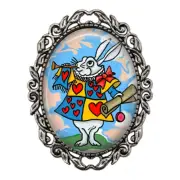 Alice In Wonderland White Rabbit Glass Top Brooch Pin Fairytale Photo Jewelry