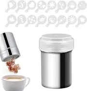Icing Sugar Shaker with 16 Coffee Stencils Chocolate Shaker Duster Powder Set Stainless Steel Mesh Sprinkles for DIY Cappuccino Coffee,Icing Sugar Cocoa Flour & Latte Coffee