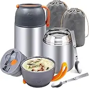 2 Pack Thermal Food Jars, 650 ml Insulated Food Flask with Foldable Spoon Bag, Stainless Steel Vacuum Lunch Container Thermos for Kids Hot & Cold Drinks Soup School Office Outdoor, 24 oz