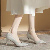 在飛比找Yahoo!奇摩拍賣優惠-尖頭亮片銀色高跟鞋女2023年新款水晶伴娘禮服婚紗鞋百搭細跟