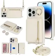 SunYoo for iPhone 15 Pro Crossbody Case with Card Holders Money Slots Zipper Coin Purse Rotatable Ring Kickstand Cover Wristlet Strap Lanyard Litchi Leather Wallet Flip Cover for iPhone 15Pro White