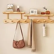 Oak Floating Shelves With Hooks, Solid Wood Wall Shelf, Coat Hooks Wall Mounted With Display Shelf For Bathroom, Bedroom, Living Room, Entryway, Office, Laundry Room Etc(Original wood colour,72cm 8 ho