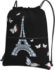 Eiffel Tower Print Drawstring Backpack Gym Bags Sports Bags With Zipper Pocket For Travel Beach, Black, One Size