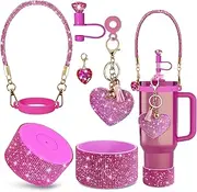 6PCS Diamond Glitter Stanley Cup Accessories Set 30&40 Oz, Includes 1 Diamond Silicone Boot, 1 Handle Strap, 1 Straw Covers,1 Straw Adapters Charm Blank with 2 Glitter Charms, Hot Pink