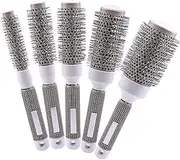 Taoluwin 5 Pcs Round Hair Brush Set, Styling & Detangling, For Curly/Straight Hair, 19/25/32/45/53mm, White, Nylon Bristles, Anti-Frizz, Anti-Breakage, Women's Hair Styling Tool