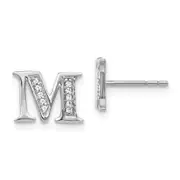 Solid 14k White Gold Simulated CZ Initial M Earrings