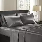 Solid Gray Grey Satin 6 pc Sheet Set Full Queen Cal King Bed Extra Pillowcases