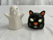 Halloween Black Cat and White Ghost Ceramic Tea Light Candleholder Ghoulish Boo