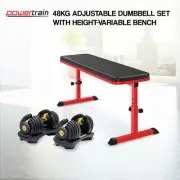 Powertrain 48KG Adjustable Dumbbell Set - Gold with Height-Variable Bench