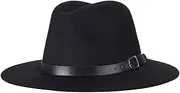 [ericotry] Unisex Wide Brim Felt Fedora Hat Floppy Panama Hat with Band Buckle (Black), Black, One Size