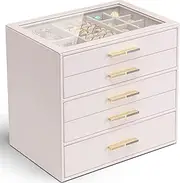 Vlando 5 Layer Jewelry Box for Women, Glass Lid Jewelry Organizer with 5 Drawers for Necklaces Rings Earrings Bracelets - Pink