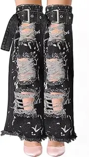 CABODYALS 1 Pair Black Denim Loose Baggy Punk Harajuku Style Ripped Flared with Strap Belt Docks Leg Warmers Over The Knee Boot Cover Warmer for Women Streetwear Grunge Emo R