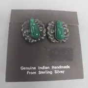 Genuine Indian Handmade Carved Jadeite Earrings Screwback Vintage Silver