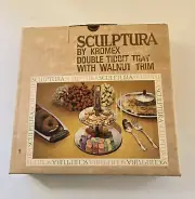 Vintage MCM Kromex Sculptura 2 Tier Tidbit Tray, Walnut Trim In Original Box NEW