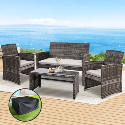 Gardeon 4 PCS Outdoor Sofa Set with Storage Cover Rattan Chair