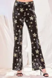 High Waist Sequin Star Flare Trouser Pants - Main Strip