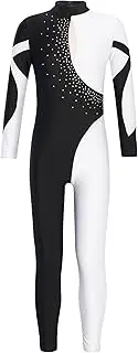 [Fldy] Kids Girls Long Sleeve Color Block Dance Gymnastics Leotard Unitards Shiny Rhinestone Figure Ice Skating Jumpsuit