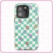 Checkered Flowers (Green) iPhone Case Tough Pro 13 Max 16 15 14 MagSafe