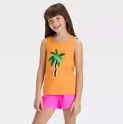 Cat & Jack Girl’s XL 14 Tank Top Orange Flip Sequin Rainbow Palm Tree Shirt New