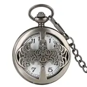 Unique Bat Pattern Quartz Pocket Watch with Pendant Chain Gifts for Men Boy Grey