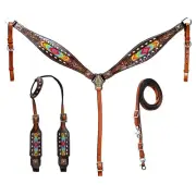 western Leather Equestrian Tooled Beaded Headstall,Breast Collar & Reins. (H040)