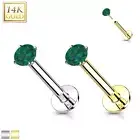 Lab Emerald 14K Gold Threadless Push-in Labret 18 GAUGE, Flat Back Stud