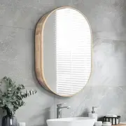[Simplus] Oval Bathroom Mirror Cabinet with Glass Door Shower Shaving Cupboard Wall Mounted Medicine Vanity Storage Shelves (Walnut)