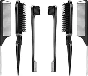 Slick Back Hair Brush Edge Brush, 6Pcs Teasing Comb Bristle Brushes, Bristle Hair Brush Edge Control Brush Teasing Comb,Hair Styling Comb Bristle Teasing Brush, Rat Tail Comb Dual Edge Brush,Black