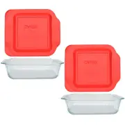 Pyrex (2) 222 2qt Glass Baking Dishes & (2) 222-PC Red Lids