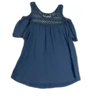 Hannah Womens L Peasant Top Boho Lace Cold Shoulder Blue Blouse NWT