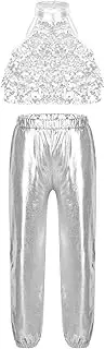 [Jhaoyu] Kids Girls Jazz Latin Dance Costume Cheerleading Outfits Sequins Crop Top And Metallic Pants Dancewear