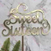 Sweet Sixteen Acrylic Gold Mirror 16th Birthday Cake Topper
