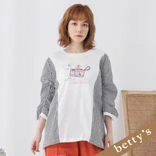 betty’s貝蒂思 條紋拼接下擺抽繩七分袖T-shirt(白色)