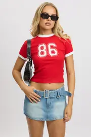 Red Graphic Tee Short Sleeve Contrast Binding - Size XS, Women's Graphic Tee