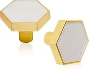 SWZHAI 4 Pcs Gold Cabinet Knobs for Dresser Drawers, Brushed Brass Hexagon, 1-1/4" Dresser Pulls for Kitchen Cabinets Cupboard Furniture Knobs, White