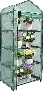 [MaxWorks] 51962 4 Tier Mini Greenhouse 63'' H x 27'' L x 19'' W PE Cover with UV Protection Green Indoor Outdoor Gardening Roll Up Zipper Door Grow Seedlings and Seeds Portable