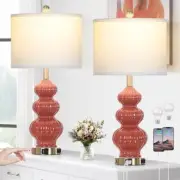 Triple Gourd Ceramic Table Lamps Set of 2, Modern Bedside Lamps with USB Orange