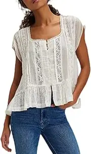 [Yiulangde] Women Ruffle Bow Tie Peplum Tops Boho Sheer Flowy Short Sleeve Peasant Blouse Lace Eyelet Frilly Babydoll Top Shirt