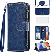 [Asuwish] Phone Case for Samsung Galaxy A14/M14 5G Wallet Cell Cover with Screen Protector Crossbody Strap Flip Zipper Card Holder Tempered Glass Folio Slot Stand A 14 4G 14A 14M G5 Women Girls Men Blue