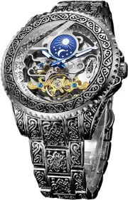 Forsining Retro Watch for Men Carved Self-Wind Mechanical Tattoo Tourbillon Moon Phase Independent Seconds Skeleton Automatic Big Dial Wrist Watches