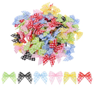 120Pcs Mini Gingham Ribbon Bow 1" Checkered Fabric Satin Ribbon Bows 6 Colors